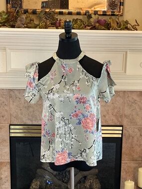HUMMINGBIRD Top Off the Shoulder Tie Top Gray Green Floral Size S